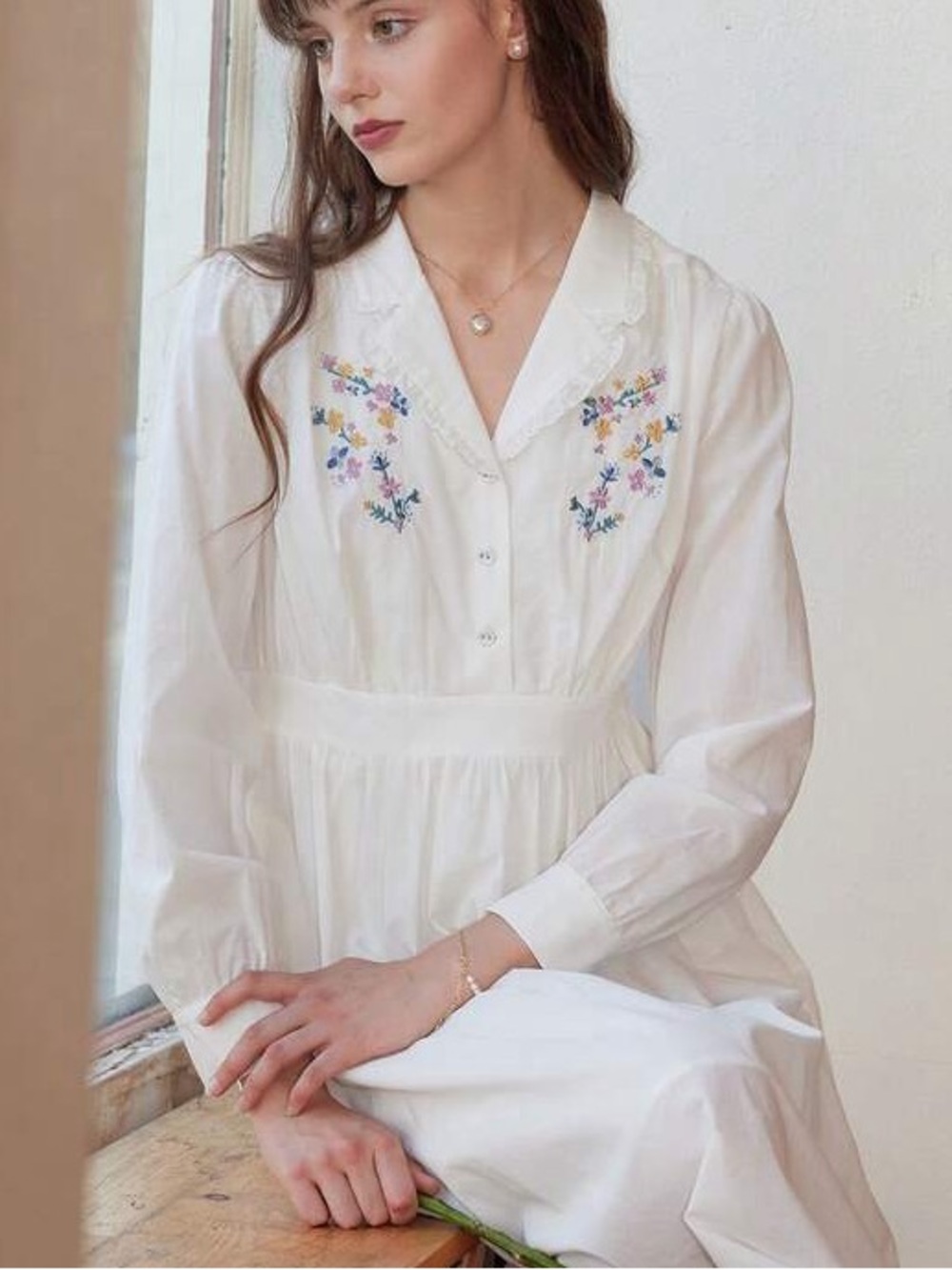 Simple Retro Embroidered Prairie Dress 100% Cotton - Picture 3 of 14